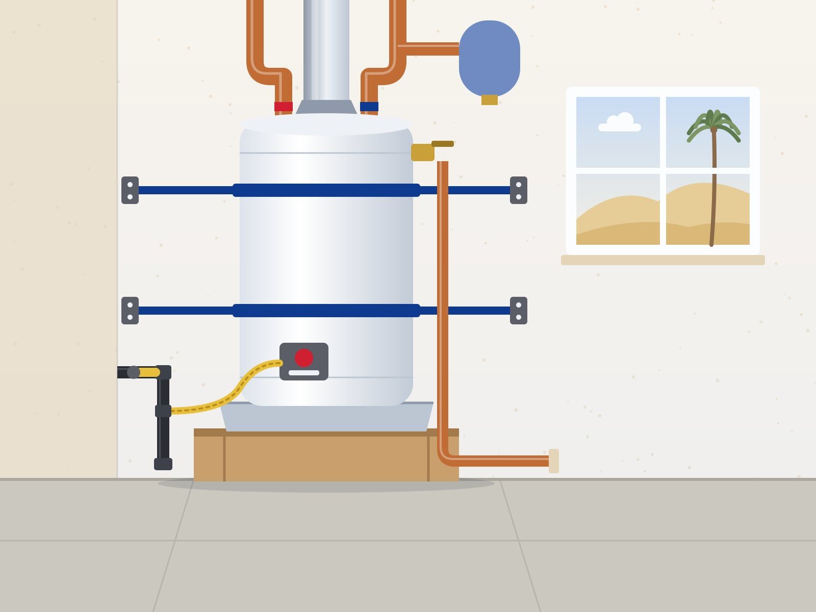 Illustration of a gas tank water heater on a wooden platform in a garage, held to the wall by two seismic straps, with its relief line piped down and out through the wall and a palm tree in the window